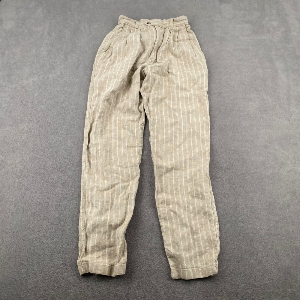 Ruff Hewn Vintage Linen Pinstripe Pants Womens Small Beige High Rise Tapered